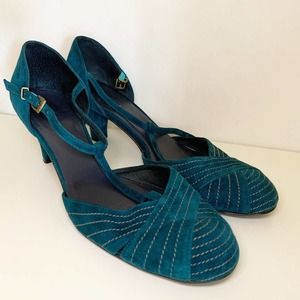 Jigsaw Women’s Pump teal velvet shoe with ankle strap EU 41 US 10.5